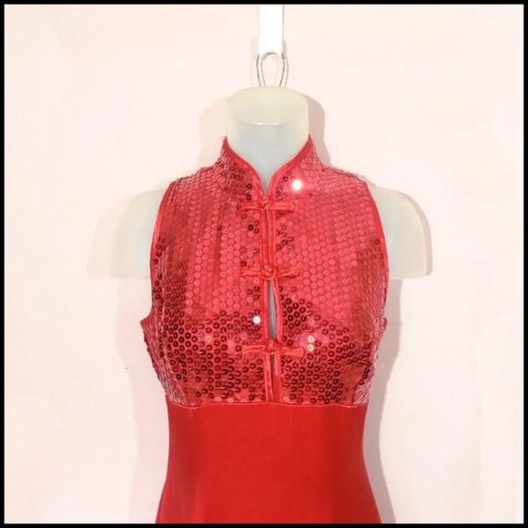 Vintage Red Satin Cheongsam Gown Empire Waist, 40s 50s Style by ZumZum -80s - Picture 5 of 15